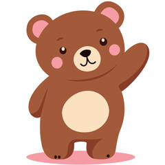 2D illustration of a brown teddy bear waving hello with a happy smile, ideal for kids&rsquo; books and animal-themed designs.