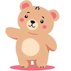 2D illustration of a smiling teddy bear standing and waving hand, perfect for kids’ graphics, children’s books, or cute cartoon designs.
