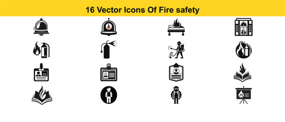 Illustrative graphic design depicting fire safety concepts with warning symbols and emergency equipment