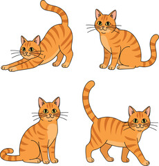 Minimalist flat vector illustration of a cute orange tabby cat in multiple poses. The design features clean vector lines, flat color fills, and simple shapes, making it perfect for commercial use