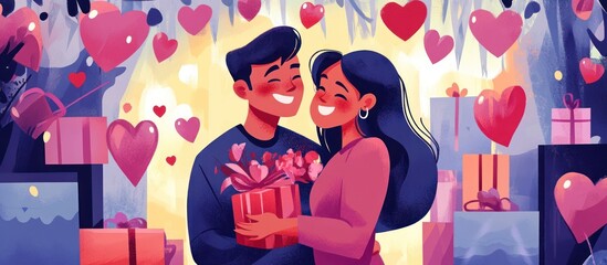 Happy couple sharing a gift on Valentine's Day