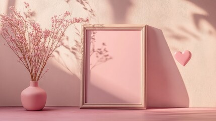 Pastel pink minimalist scene with a frame, vase, and flowers