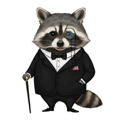 Cartoon Raccoon Portrait In Suit With Monocle Animal Gentleman