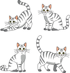 Minimalist flat vector illustration of a cute orange tabby cat in multiple poses. The design features clean vector lines, flat color fills, and simple shapes, making it perfect for commercial use