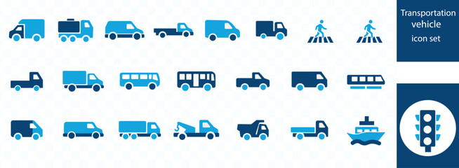 Transport icons set. Auto, bus, trolleybus, subway, train, ship, plane and on foot. Public, travel and delivery transport icons