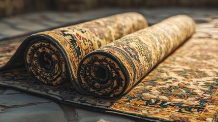 Rolled carpets, intricate patterns, displayed on stone
