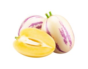 Three whole and halved Pepino melons with purple stripes.