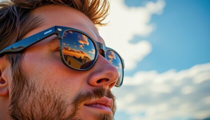 Meditation in urban life concepts. A man gazes thoughtfully, wearing sunglasses that reflect a vibrant sky.
