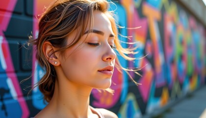 Meditation in urban life concepts. Young woman with flowing hair in front of a vibrant, graffiti-covered wall, showcasing urban lifestyle and creativity.