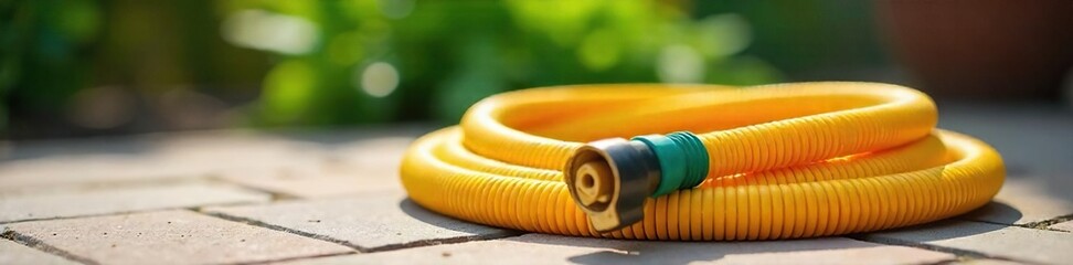 Brightly Colored Garden Hose Coiled on Sunny Patio, Perfect for Watering Plants or Cleaning