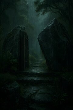 A very large stone door in the middle of an abandoned forest 