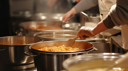 A soup kitchen offering hot meals to individuals and families, with volunteers assisting and serving food in a welcoming and organized space. —ar 16:9 