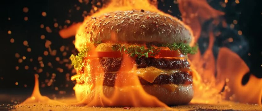 A spicy double patty hamburger with fresh lettuce and tomatoes surrounded by blazing orange flames on a dark background, showing bold flavor, heat, and dramatic food styling in close-up view