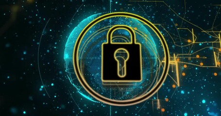 On start globe rotating, ring animating, padlock fading in, pulsing, reinforcing security motif - Powered by Adobe