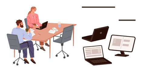 Two coworkers seated at a desk with laptops, a cup, and office essentials discussing work collaboratively. Ideal for teamwork, productivity, remote work, corporate communication, brainstorming