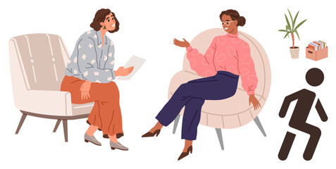 Women in a dialogue seated on comfortable chairs, surrounded by a potted plant, books, and file boxes. Ideal for communication, teamwork, consulting, psychology, meetings collaboration human