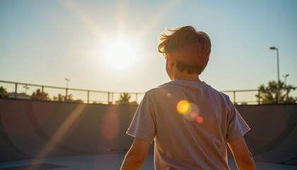 Meditation in urban life concepts. A young boy stands in a skate park, facing the sun during a golden hour.