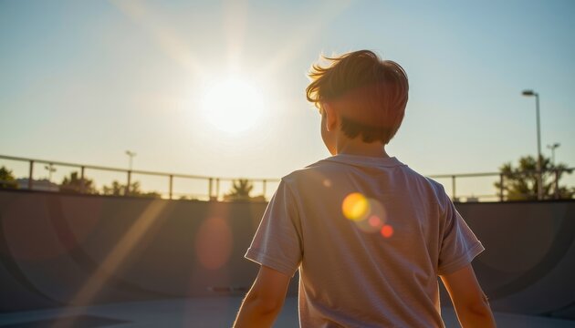Meditation in urban life concepts. A young boy stands in a skate park, facing the sun during a golden hour.