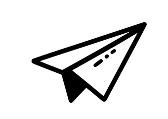 Minimal paper airplane icon, black outline, flying upward, dash trail, thin line clipart