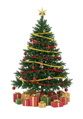 Decorated Christmas Tree with Gifts Illustration on Transparent Background