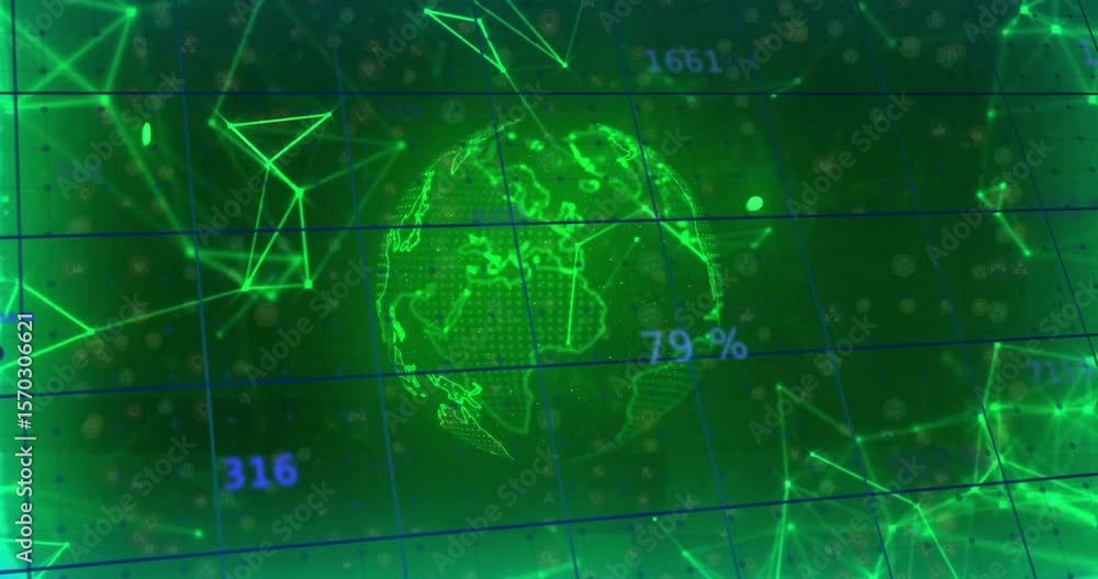 Aufkleber triggered by data input, neon green globe spinning eastward and updating labels to visualize trends
