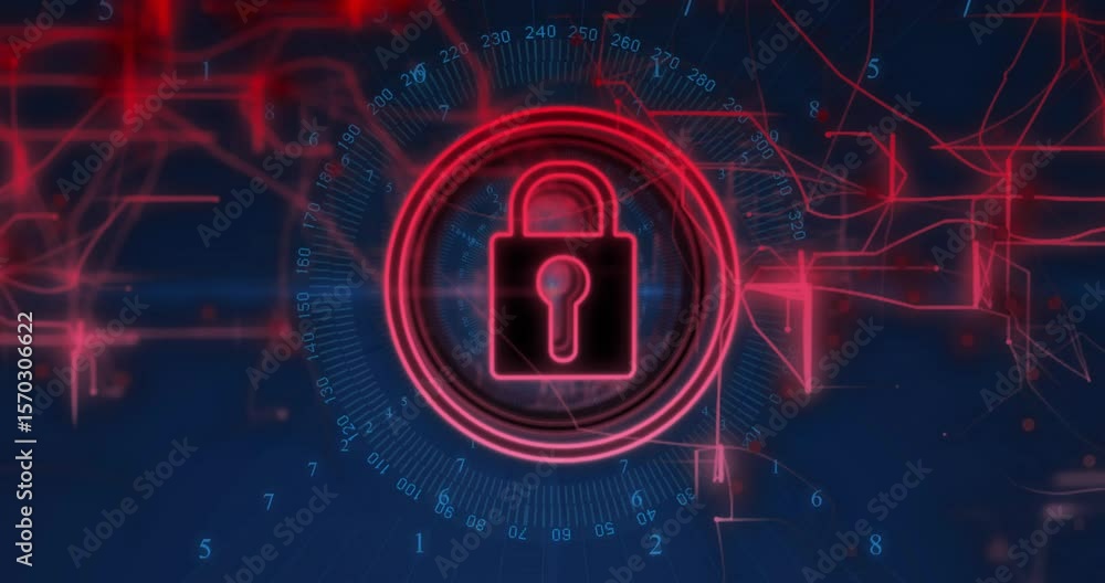 Poster dark blue grid showing red padlock rings pulsing as data lines weave toward lock signaling security