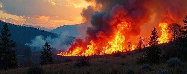 Wildfire Devastation Dry Forest Consumed by Flames, Smoke and Ash Fill the Air, Intense Heat and Dramatic Destruction