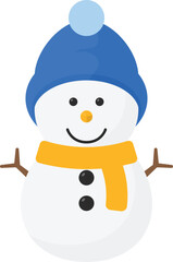 Cartoon Snowman with Blue Winter Hat and Yellow Scarf in Flat Style for Holiday Greeting Designs
