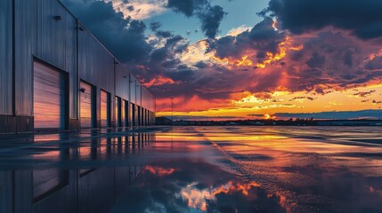 Industrial warehouse complex at sunset, reflected in puddles.
