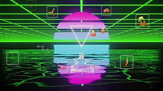 Plug icon pulsing triggers data icons updating shifting toward sun then fading to visualize metrics