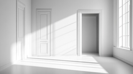 Fototapeta premium Sunlit white room with doors and windows