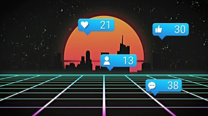 After one second delay bubbles appearing and counts rising on neon grid illustrating engagement - Powered by Adobe