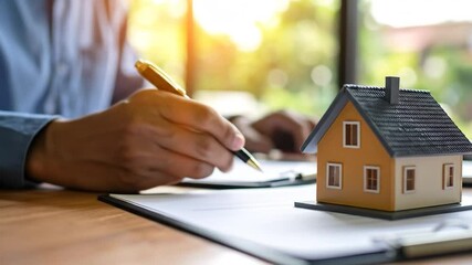 A miniature house sits on documents, signifying a real estate transaction.  A person signs papers in the blurred background