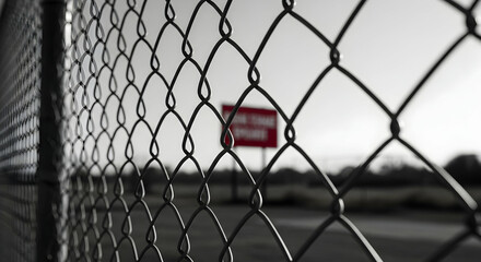 Fototapeta premium Obscured View Behind Metal Chain Link Fence With Warning Sign In Distance