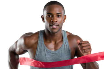 Athletic African American man crosses the finish line with a determined look during a race against a transparent background, silhouette