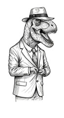 Dinosaur T-Rex in Suit and Hat Vintage Drawing Illustration