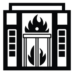 Black and white icon depicting a fire emergency inside an elevator