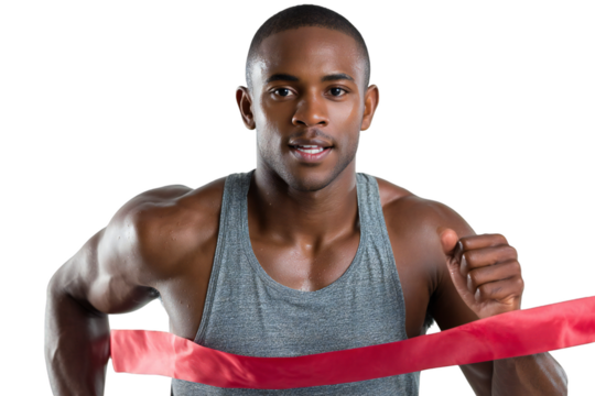 Athletic African American man crosses the finish line with a determined look during a race against a transparent background, silhouette