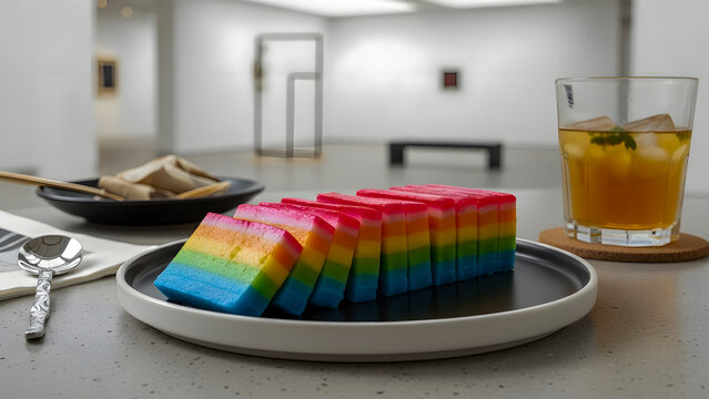 Authentic Kue Lapis, a traditional chewy and sweet layered rice cake, known for its colorful stripes, ideal for Asian food blogs, cultural celebrations, and unique dessert searches.