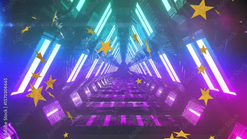Poster golden star-shaped particles drifting from above and cascading through neon tunnel creating shimmer
