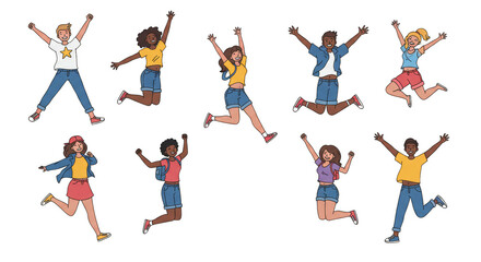 Cartoon Illustration of Diverse People Jumping Together In Celebration
