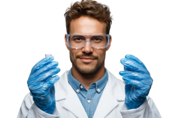 Young man in lab coat and safety glasses holds vials in a science research setting with a transparent background, silhouette