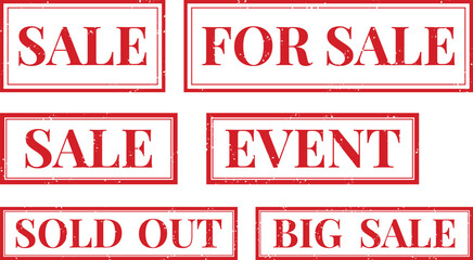 Set of Red Rubber Stamp Labels with SALE, EVENT, SOLD OUT, and Promotional Messages in Grunge Style