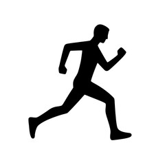 Jogging person icon, black silhouette, mid-step pose, active motion, minimal clipart