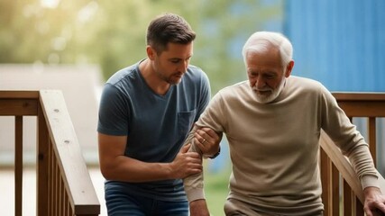 Adult Son Helping Elderly Father Down Porch Steps – Quiet Support and Love