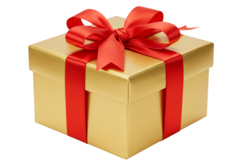 Festive Gift Box with Golden Paper and Red Ribbon on Transparent Background
