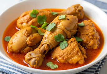 Hearty Chicken Curry With Tender Drumsticks In A Rich, Spicy Red Sauce, Served In A White Bowl And Garnished With Fresh Cilantro, Indian Food, Spicy Curry, Asian Cuisine