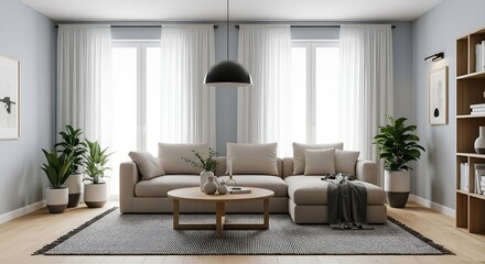 Bright Minimalist Living Room with L-Shaped Sofa and Natural Decor