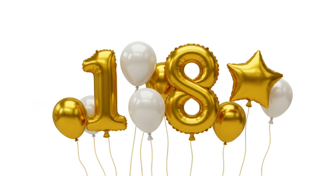 Eighteen Golden Balloons Anniversary Celebration on Transparent Background - Powered by Adobe