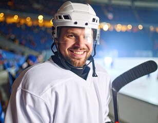 Hockey player smiles on ice rink